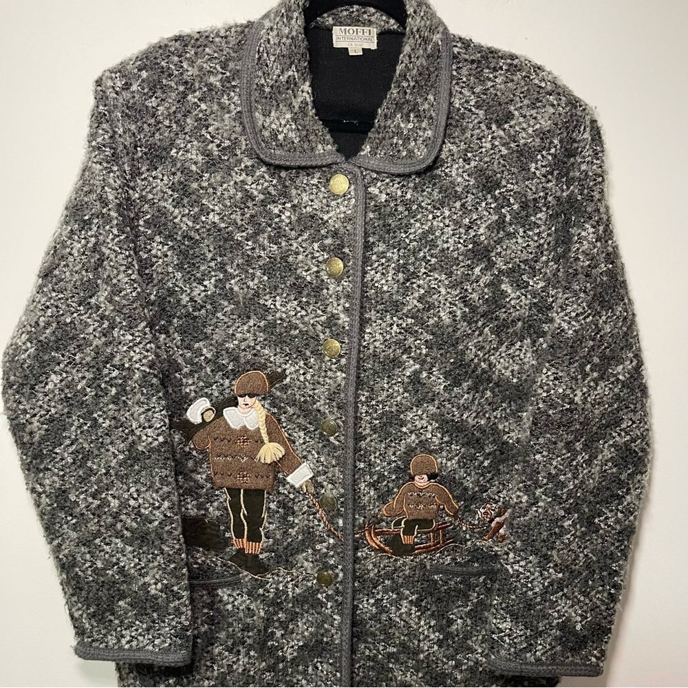 Moffi Vintage Grey Wool Blend Winter Native Scene Embroidered Button Jacket L - Picture 2 of 12